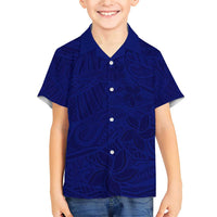 Blue Polynesia Family Matching Short Sleeve Bodycon Dress and Hawaiian Shirt Polynesian Pattern Mix Plumeria