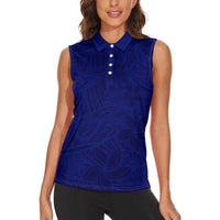 Blue Polynesia Women Sleeveless Polo Shirt Polynesian Pattern Mix Plumeria