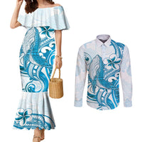 Blue Hawaii Humpback Whale Couples Matching Mermaid Dress and Long Sleeve Button Shirt Polynesian Tribal Ocean Vibes