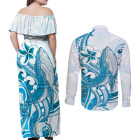 Blue Hawaii Humpback Whale Couples Matching Off Shoulder Maxi Dress and Long Sleeve Button Shirt Polynesian Tribal Ocean Vibes