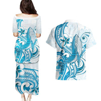 Blue Hawaii Humpback Whale Couples Matching Puletasi and Hawaiian Shirt Polynesian Tribal Ocean Vibes