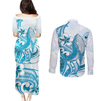 Blue Hawaii Humpback Whale Couples Matching Puletasi and Long Sleeve Button Shirt Polynesian Tribal Ocean Vibes
