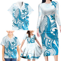 Blue Hawaii Humpback Whale Family Matching Long Sleeve Bodycon Dress and Hawaiian Shirt Polynesian Tribal Ocean Vibes LT14 - Polynesian Pride