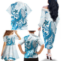 Blue Hawaii Humpback Whale Family Matching Off The Shoulder Long Sleeve Dress and Hawaiian Shirt Polynesian Tribal Ocean Vibes LT14 - Polynesian Pride
