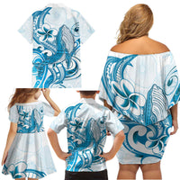 Blue Hawaii Humpback Whale Family Matching Off Shoulder Short Dress and Hawaiian Shirt Polynesian Tribal Ocean Vibes LT14 - Polynesian Pride