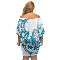 Blue Hawaii Humpback Whale Family Matching Off Shoulder Short Dress and Hawaiian Shirt Polynesian Tribal Ocean Vibes LT14 - Polynesian Pride