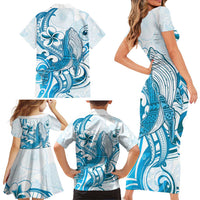 Blue Hawaii Humpback Whale Family Matching Short Sleeve Bodycon Dress and Hawaiian Shirt Polynesian Tribal Ocean Vibes LT14 - Polynesian Pride