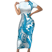 Blue Hawaii Humpback Whale Family Matching Short Sleeve Bodycon Dress and Hawaiian Shirt Polynesian Tribal Ocean Vibes LT14 Mom's Dress Blue - Polynesian Pride