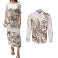 Brown Hawaii Humpback Whale Couples Matching Puletasi and Long Sleeve Button Shirt Polynesian Tribal Ocean Vibes