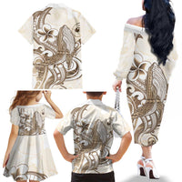 Brown Hawaii Humpback Whale Family Matching Off The Shoulder Long Sleeve Dress and Hawaiian Shirt Polynesian Tribal Ocean Vibes LT14 - Polynesian Pride