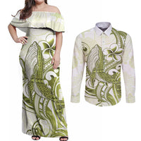 Lime Green Hawaii Couples Matching Off Shoulder Maxi Dress and Long Sleeve Button Shirt Humpback Whale Tattoo Polynesian Tribal Ocean Vibes