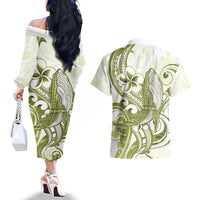 Lime Green Hawaii Couples Matching Off The Shoulder Long Sleeve Dress and Hawaiian Shirt Humpback Whale Tattoo Polynesian Tribal Ocean Vibes