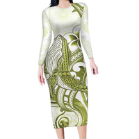 Lime Green Hawaii Family Matching Long Sleeve Bodycon Dress and Hawaiian Shirt Humpback Whale Tattoo Polynesian Tribal Ocean Vibes LT14 Mom's Dress Lime Green - Polynesian Pride