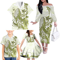 Lime Green Hawaii Family Matching Off The Shoulder Long Sleeve Dress and Hawaiian Shirt Humpback Whale Tattoo Polynesian Tribal Ocean Vibes LT14 - Polynesian Pride