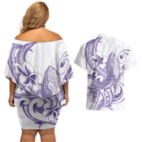Purple Hawaii Couples Matching Off Shoulder Short Dress and Hawaiian Shirt Humpback Whale Tattoo Polynesian Tribal Ocean Vibes