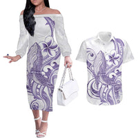 Purple Hawaii Couples Matching Off The Shoulder Long Sleeve Dress and Hawaiian Shirt Humpback Whale Tattoo Polynesian Tribal Ocean Vibes
