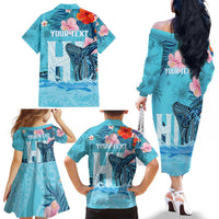Personalised Hawaii Family Matching Off The Shoulder Long Sleeve Dress and Hawaiian Shirt Humpback Whale Tattoo With Tropical Flowers LT14 - Polynesian Pride