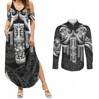 Tiki Drum Hawaii Couples Matching Summer Maxi Dress and Long Sleeve Button Shirt Hawaiian Kakau Tattoo Style