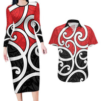New Zealand Couples Matching Long Sleeve Bodycon Dress and Hawaiian Shirt Maori Koru Tino Rangatiratanga Color LT14 Red - Polynesian Pride