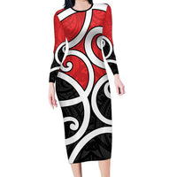 New Zealand Family Matching Long Sleeve Bodycon Dress and Hawaiian Shirt Maori Koru Tino Rangatiratanga Color LT14 Mom's Dress Red - Polynesian Pride