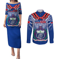 Samoa Rugby Couples Matching Puletasi Dress and Long Sleeve Button Shirts 2023 Go Manu Samoa With Ula Fala Style LT14 Blue - Polynesian Pride