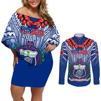 Custom Samoa Rugby Couples Matching Off Shoulder Short Dress and Long Sleeve Button Shirts 2023 Go Manu Samoa With Ula Fala Style LT14 Blue - Polynesian Pride