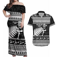New Zealand Christmas Rugby Personalised Couples Matching Off Shoulder Maxi Dress and Hawaiian Shirt Meri Kirihimete All Black Maori LT14 Black - Polynesian Pride