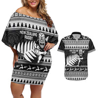 New Zealand Christmas Rugby Personalised Couples Matching Off Shoulder Short Dress and Hawaiian Shirt Meri Kirihimete All Black Maori LT14 Black - Polynesian Pride