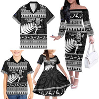 New Zealand Christmas Rugby Personalised Family Matching Off The Shoulder Long Sleeve Dress and Hawaiian Shirt Meri Kirihimete All Black Maori LT14 - Polynesian Pride