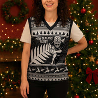 New Zealand Christmas Rugby Personalised Christmas Knitted V-Neck Vest Meri Kirihimete All Black Maori LT14 - Polynesian Pride