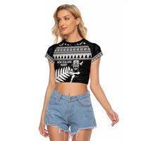 New Zealand Christmas Rugby Personalised Raglan Cropped T Shirt Meri Kirihimete All Black Maori LT14 Female Black - Polynesian Pride