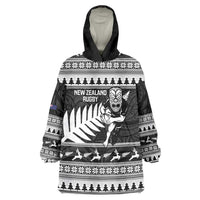 New Zealand Christmas Rugby Personalised Wearable Blanket Hoodie Meri Kirihimete All Black Maori LT14 One Size Black - Polynesian Pride