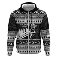 New Zealand Christmas Rugby Personalised Zip Hoodie Meri Kirihimete All Black Maori LT14 Zip Hoodie Black - Polynesian Pride
