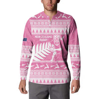 New Zealand Christmas Rugby Personalised Button Sweatshirt Meri Kirihimete All Black Maori Pink Version - Polynesian Pride