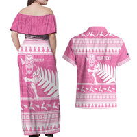 New Zealand Christmas Rugby Personalised Couples Matching Off Shoulder Maxi Dress and Hawaiian Shirt Meri Kirihimete All Black Maori Pink Version LT14 - Polynesian Pride