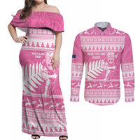 New Zealand Christmas Rugby Personalised Couples Matching Off Shoulder Maxi Dress and Long Sleeve Button Shirt Meri Kirihimete All Black Maori Pink Version LT14 Pink - Polynesian Pride