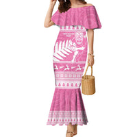 New Zealand Christmas Rugby Personalised Family Matching Mermaid Dress and Hawaiian Shirt Meri Kirihimete All Black Maori Pink Version LT14 Mom's Dress Pink - Polynesian Pride