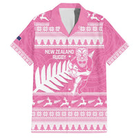 New Zealand Christmas Rugby Personalised Family Matching Off The Shoulder Long Sleeve Dress and Hawaiian Shirt Meri Kirihimete All Black Maori Pink Version LT14 Dad's Shirt - Short Sleeve Pink - Polynesian Pride