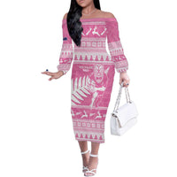 New Zealand Christmas Rugby Personalised Family Matching Off The Shoulder Long Sleeve Dress and Hawaiian Shirt Meri Kirihimete All Black Maori Pink Version LT14 Mom's Dress Pink - Polynesian Pride
