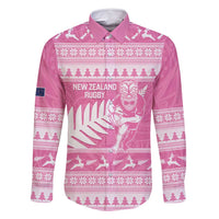 New Zealand Christmas Rugby Personalised Family Matching Off Shoulder Maxi Dress and Hawaiian Shirt Meri Kirihimete All Black Maori Pink Version LT14 Dad's Shirt - Long Sleeve Pink - Polynesian Pride