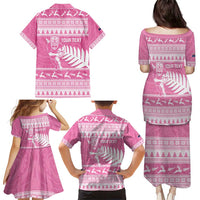 New Zealand Christmas Rugby Personalised Family Matching Puletasi and Hawaiian Shirt Meri Kirihimete All Black Maori Pink Version LT14 - Polynesian Pride