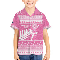 New Zealand Christmas Rugby Personalised Family Matching Summer Maxi Dress and Hawaiian Shirt Meri Kirihimete All Black Maori Pink Version LT14 Son's Shirt Pink - Polynesian Pride