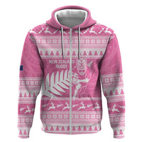 New Zealand Christmas Rugby Personalised Hoodie Meri Kirihimete All Black Maori Pink Version LT14 Zip Hoodie Pink - Polynesian Pride