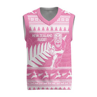 New Zealand Christmas Rugby Personalised Christmas Knitted V-Neck Vest Meri Kirihimete All Black Maori Pink Version LT14 Pink - Polynesian Pride