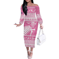 New Zealand Christmas Rugby Personalised Off The Shoulder Long Sleeve Dress Meri Kirihimete All Black Maori Pink Version LT14 Women Pink - Polynesian Pride