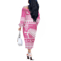 New Zealand Christmas Rugby Personalised Off The Shoulder Long Sleeve Dress Meri Kirihimete All Black Maori Pink Version LT14 - Polynesian Pride
