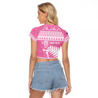 New Zealand Christmas Rugby Personalised Raglan Cropped T Shirt Meri Kirihimete All Black Maori Pink Version LT14 - Polynesian Pride