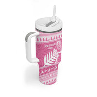 New Zealand Christmas Rugby Personalised Tumbler With Handle Meri Kirihimete All Black Maori Pink Version LT14 - Polynesian Pride
