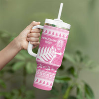 New Zealand Christmas Rugby Personalised Tumbler With Handle Meri Kirihimete All Black Maori Pink Version LT14 - Polynesian Pride