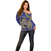 Personalised Niue Darts Off Shoulder Sweater Dart Board Hiapo Pattern - Polynesian Pride